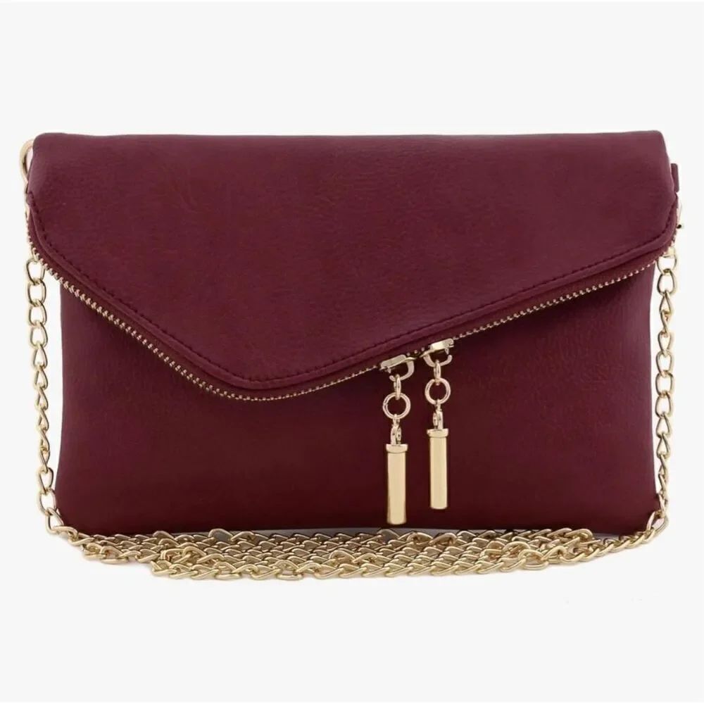 FashionPuzzle Envelope Clutch Evening Bag Maroon Gold Chain New